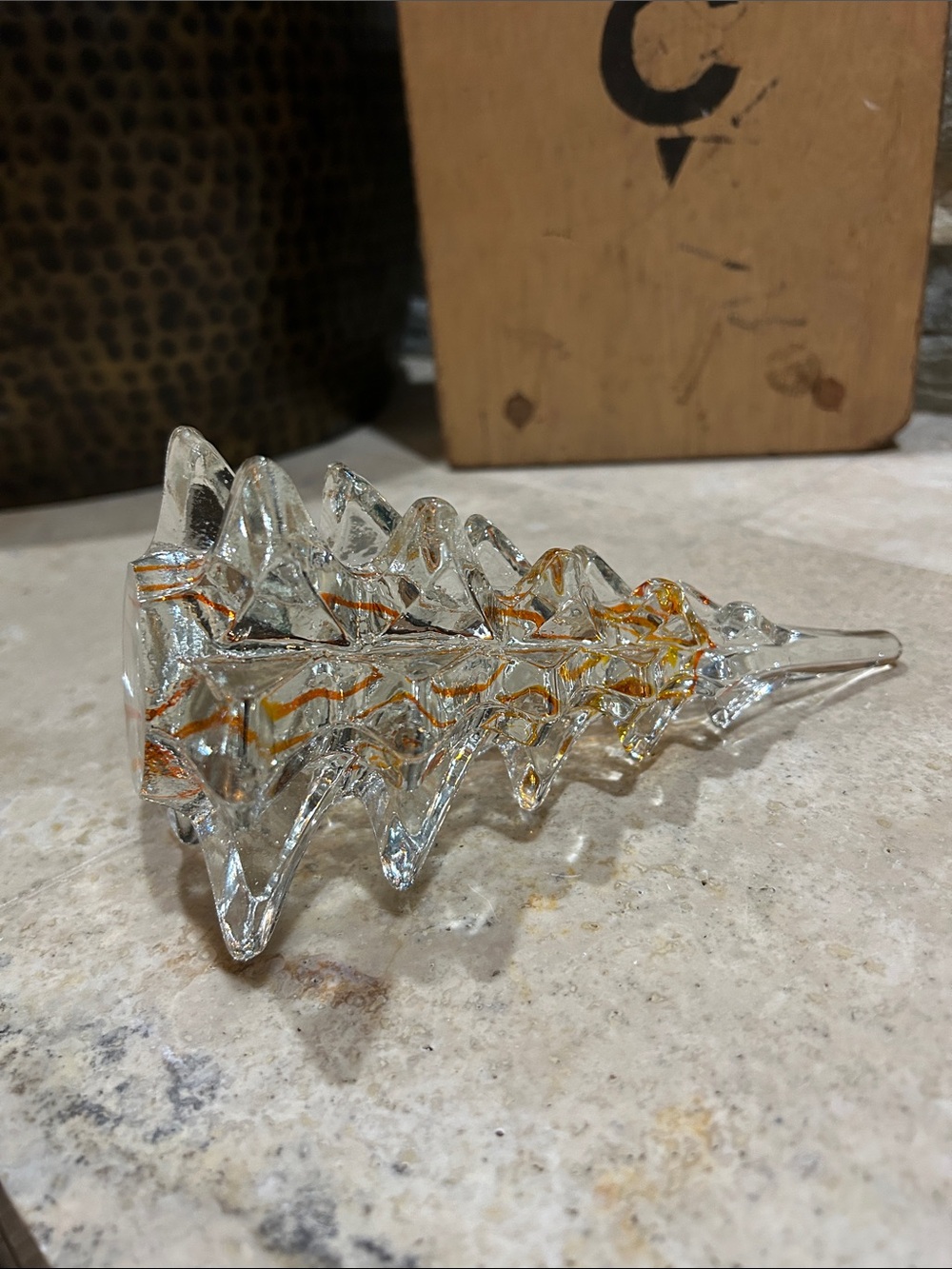 vintage clear art glass Christmas tree figurine with orange stripes - Picture 10 of 12